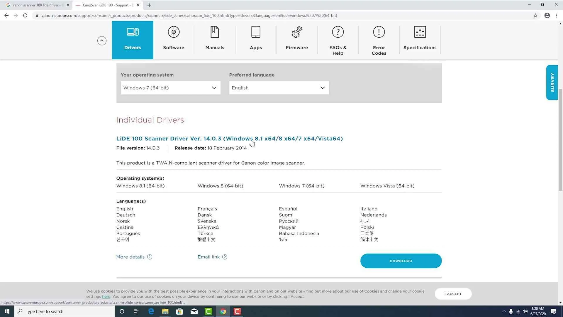 CanoScan Lide 100 Drivers in Windows 10