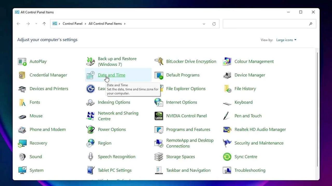 Date and Time Click in Control Panel
