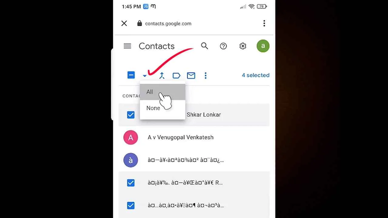 Select all Google Contacts to Delete