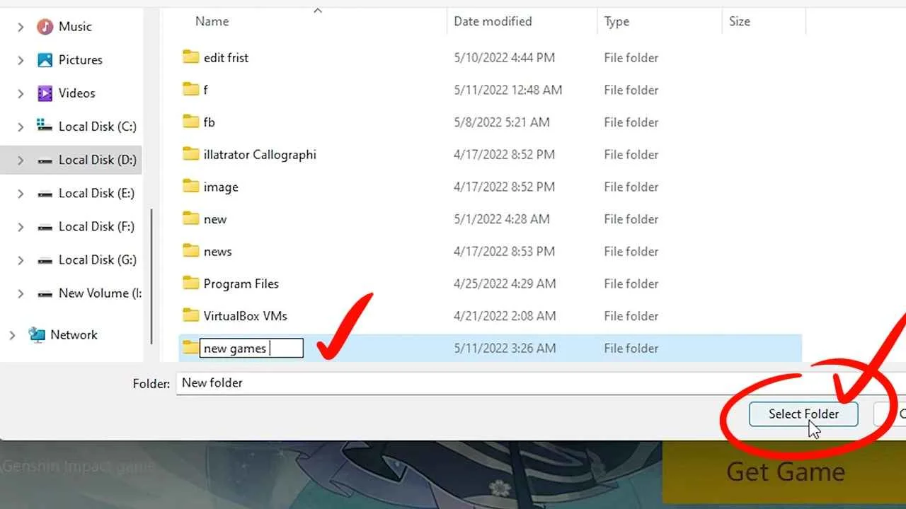Select the newly created folder for Genshin impact installation